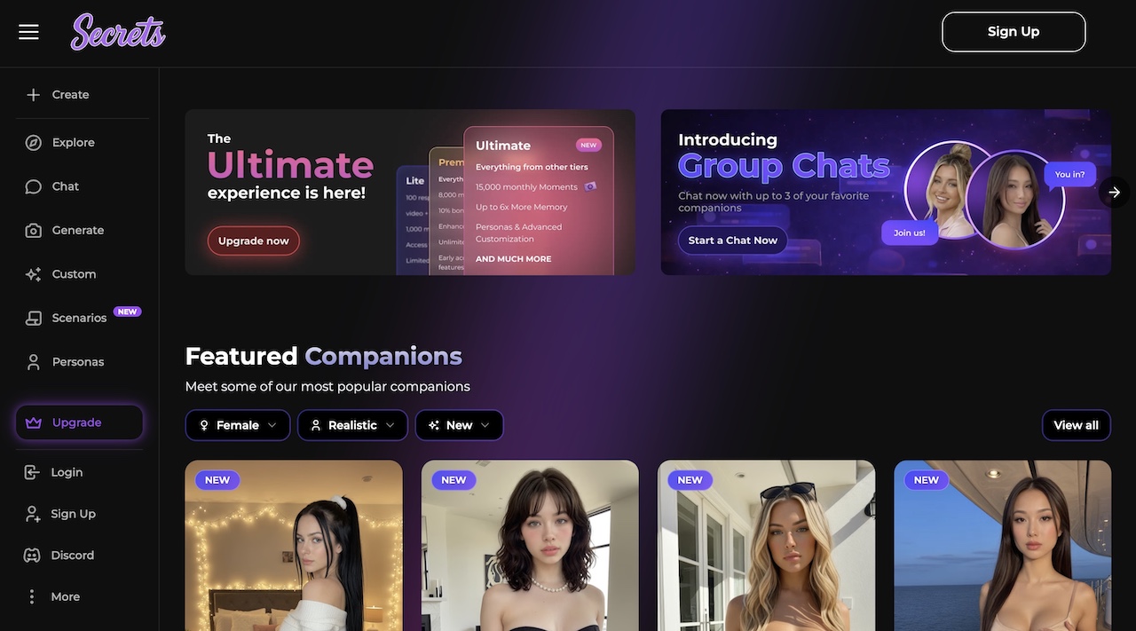 Interface Secrets AI avec navigation, compagnons en vedette, groupes et options de création