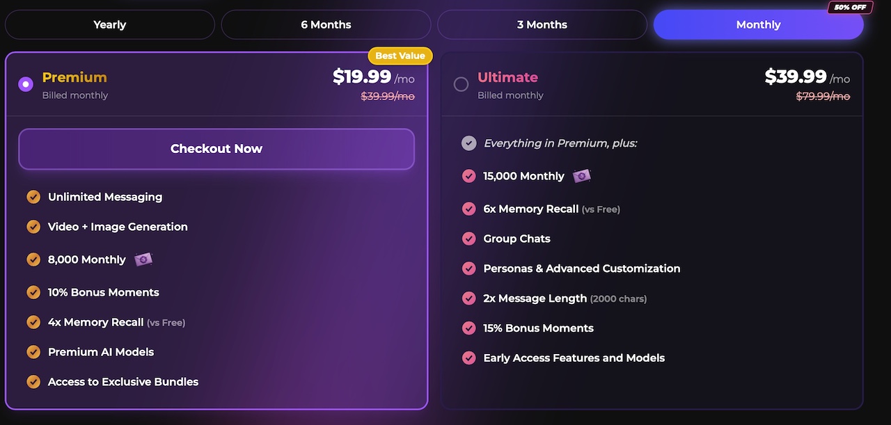 Comparaison des abonnements Premium et Ultimate de Secrets AI pendant le test