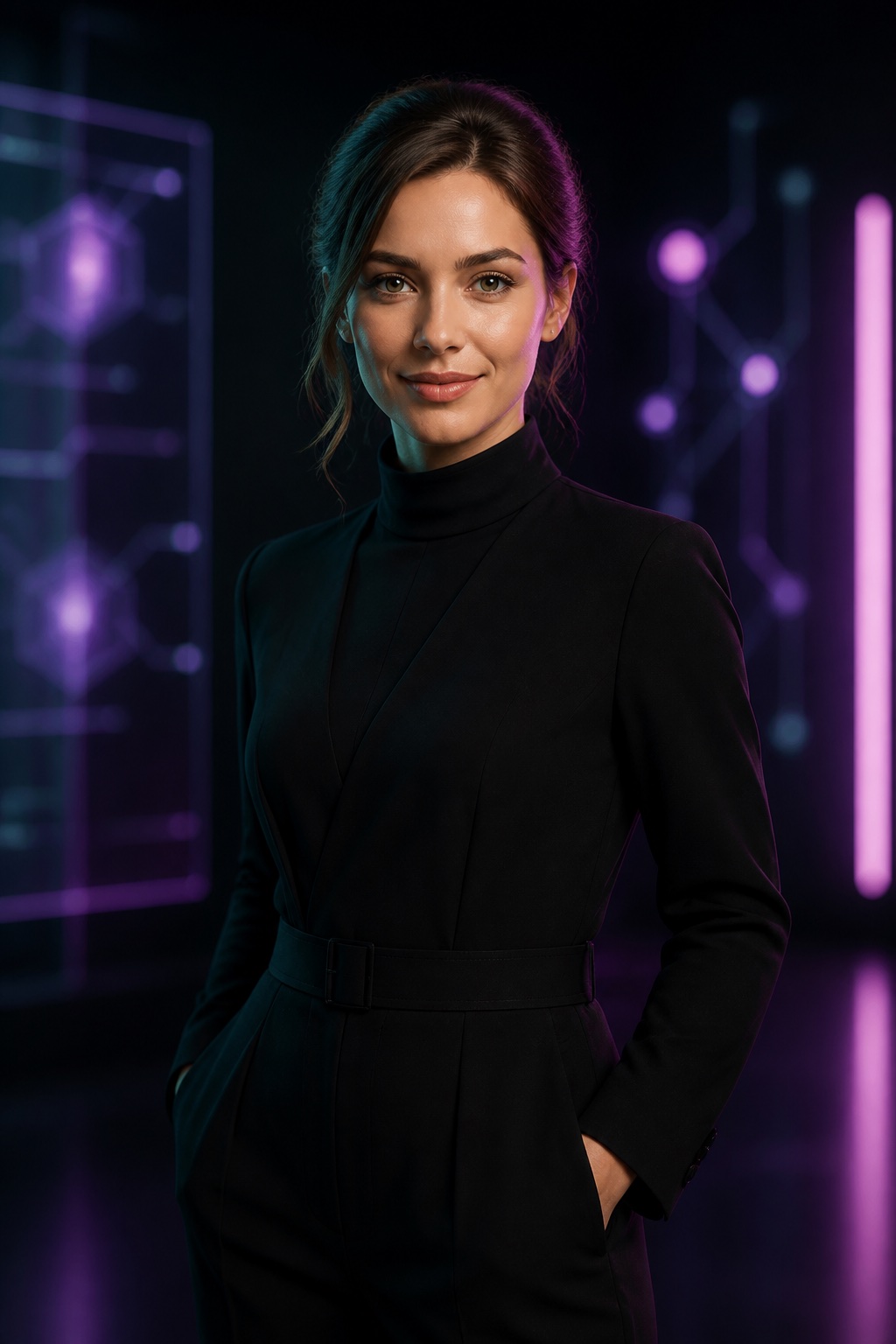 Portrait éditorial d’une compagne virtuelle dans un univers noir violet et vert menthe
